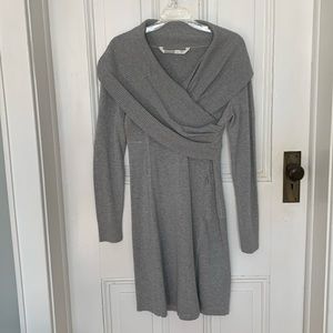 Athleta grey shawl wrap sweater knit dress. Front zip pocket. Knee length. Sz M